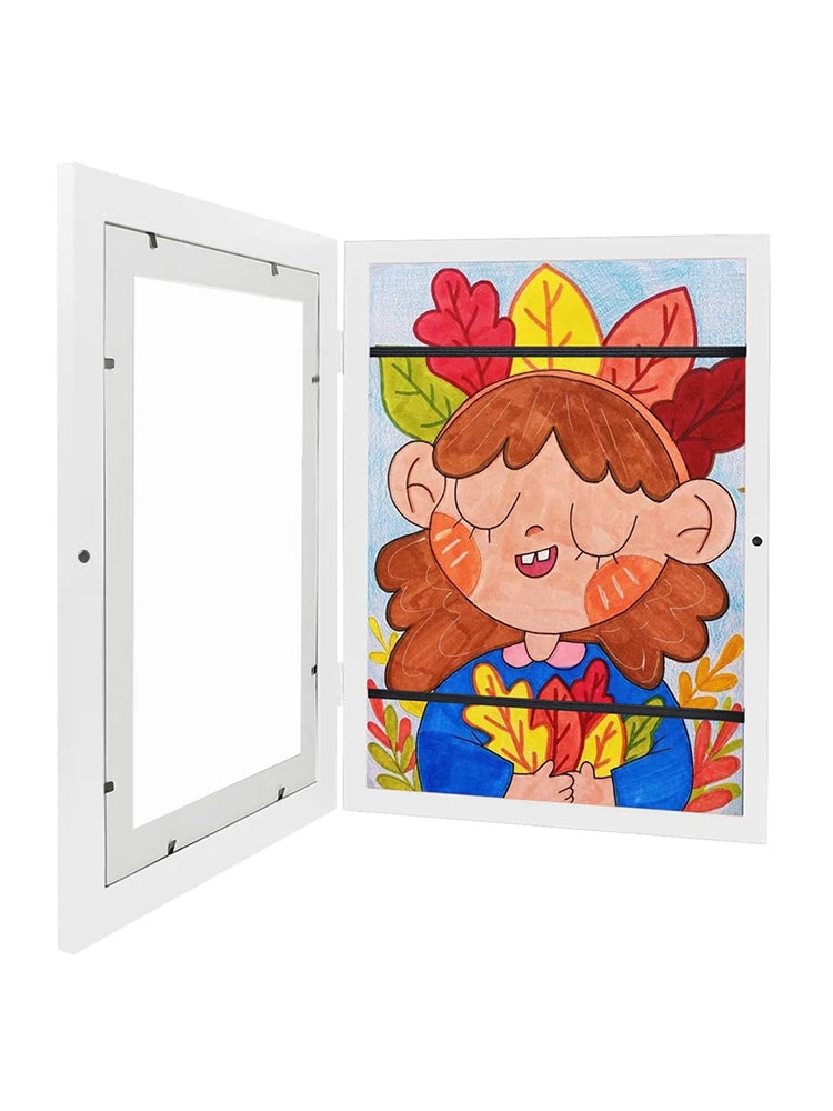 A4 Kids Artwork White Frame Wood Paint Frames Changeable With Acrylic Front Opening Holds 150 Pictures, Art Frames For Kids Art