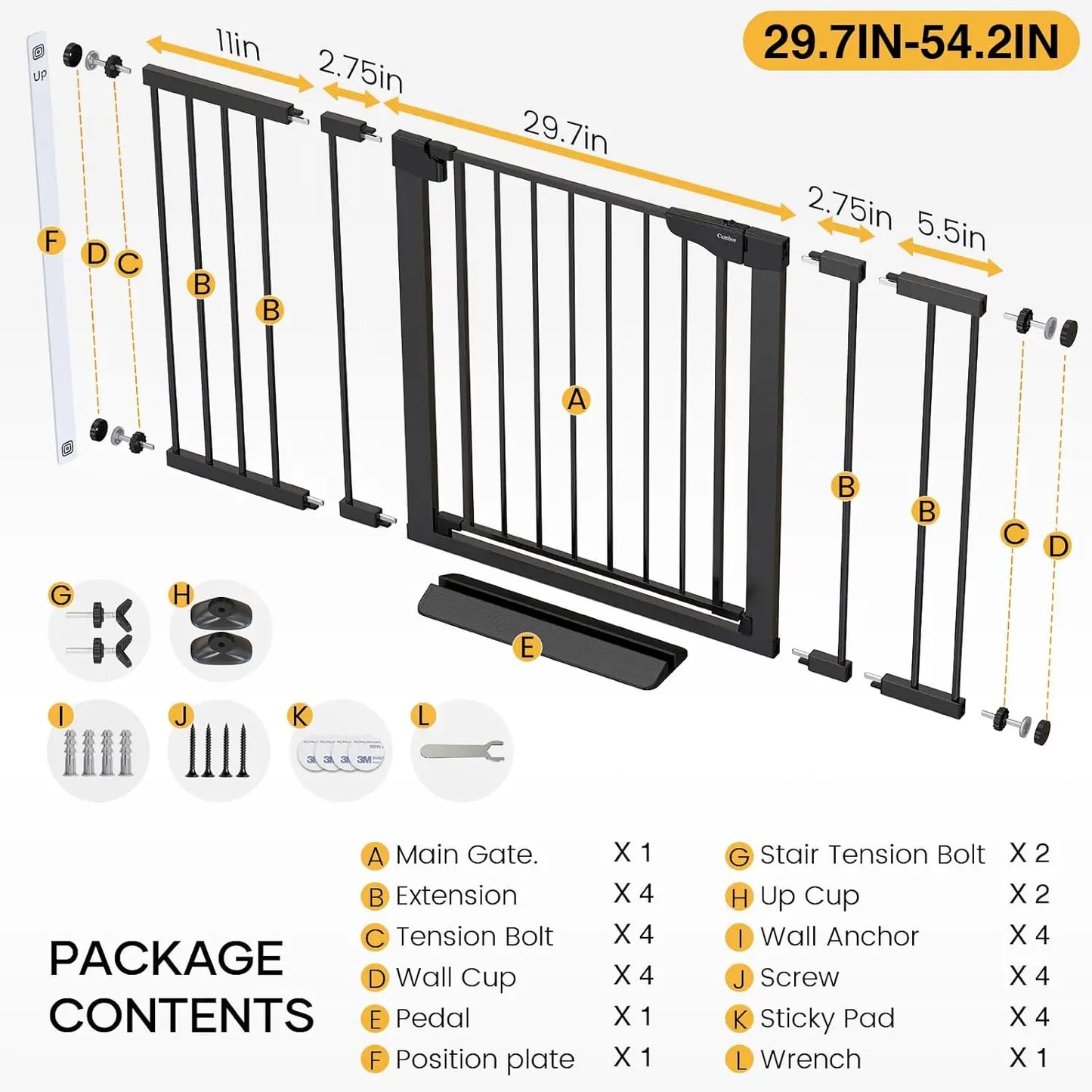 Wide Adjustable Baby Gate for Stairs and Doorways, Pressure Mounted No Drilling, Self Closing Safety Gate for Kids