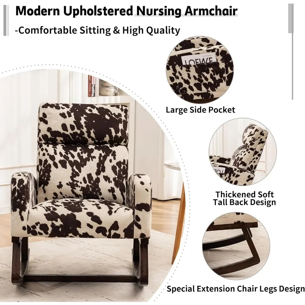 Nursery rocking chair, cow printed fabric gliding chair, high backrest side pockets, and extended wooden structure daycare chair