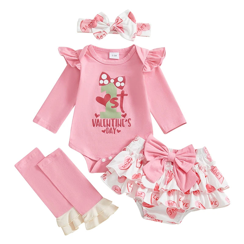 Baby Girl 1st Valentine Outfit Letter Print Long Sleeve Romper with Heart Print Skirt Pants and Bow Tie Headband Socks Set