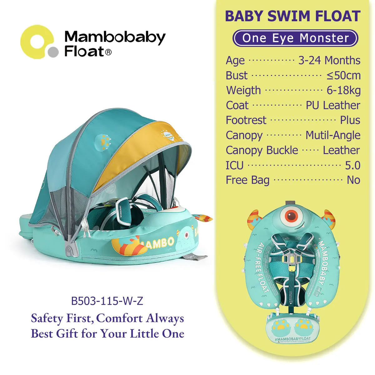 Mambobaby Float No-Slip Safe Harness ST-Cup Cake B503-150-W-Z Safe Core No Inflation No Leaks Baby Swim Ring Toddler Pool Float