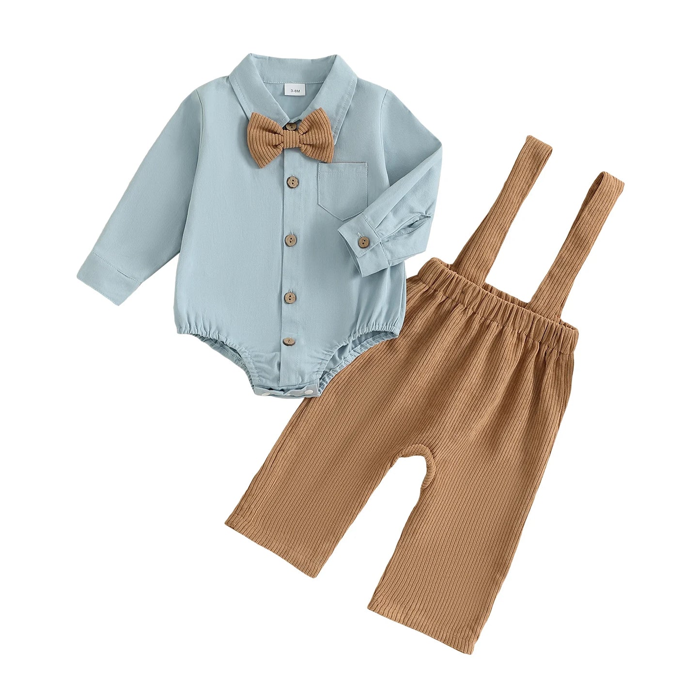 Baby Boy Formal Wear Set Solid Color Button up Shirt Romper with Bow Tie and Suspender Pants for Gentleman Style