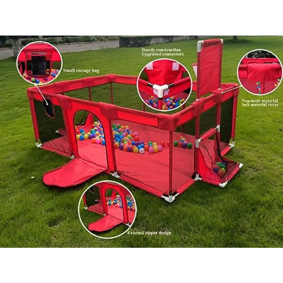 Large Baby Ball Pit - Portable Indoor Outdoor Playpen for Toddlers Safety Play Yard Fun Activities Toy Red
