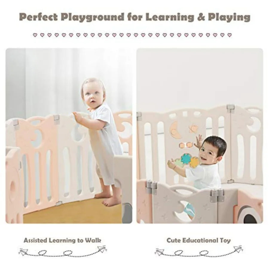 Baby Play Yard 14 Panel Owl Style Infant Playpen Activity Center for Toddlers Anti-Slip Base Lockable Door Indoor Portable Safe