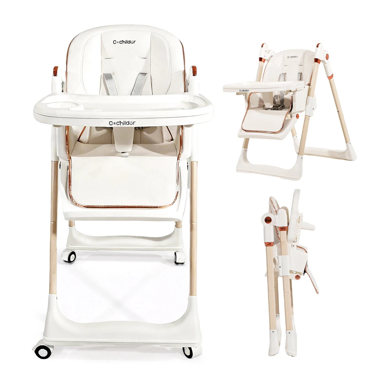 Baby High Chair, 3-in-1 Foldable Booster Seat with Adjustable Height, Recliner, 5-Point Safety Harness, Removable Tray, Lockable