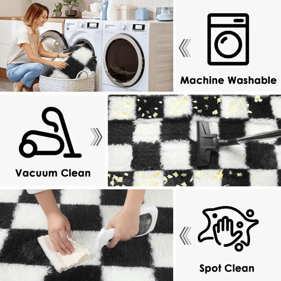 Area Rug Black and White Fluffy Shag Soft Checkered