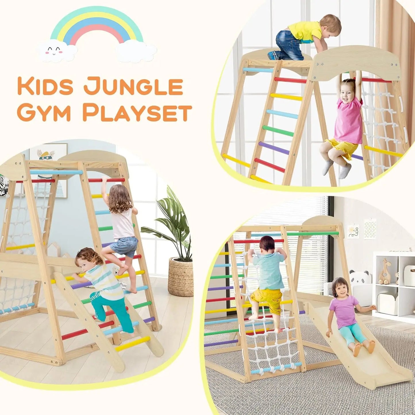 Kids Indoor Jungle Gym, Large 6-in-1 Playground Climber with Slide Ramp, Monkey Bars, Climbing Net, Ladder, Wooden Montessori