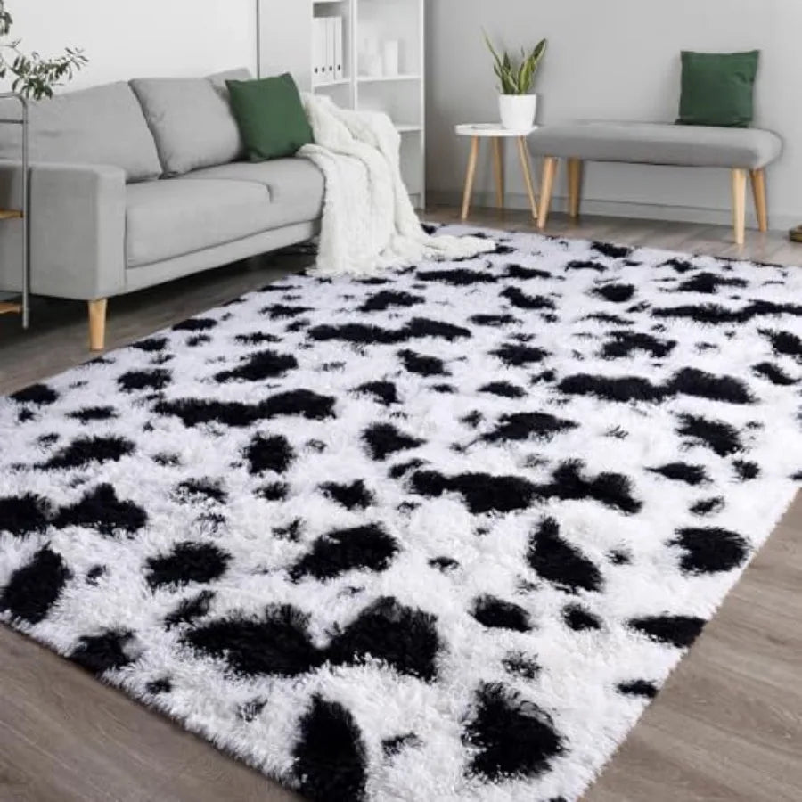 Fluffy Black White Rugs 6x9 Large Soft Plush Shaggy Cow Hide Girls Boys Rug Non-Slip and Machine Washable