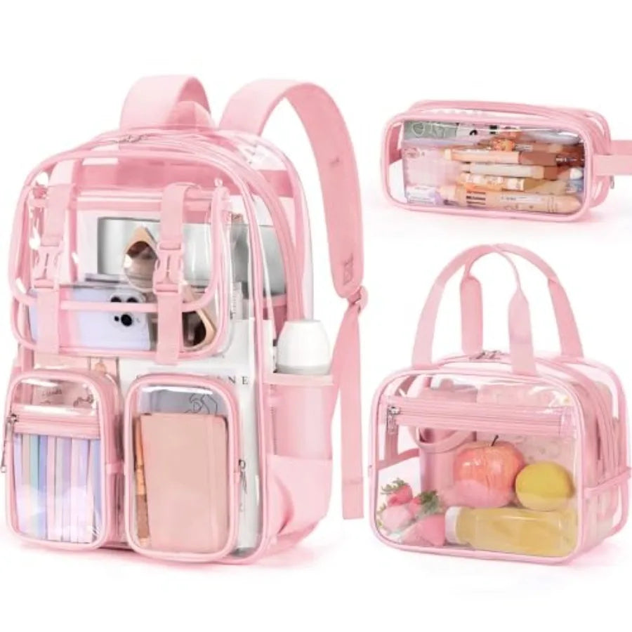 Clear Backpack for Girls - 3 PCS Heavy Duty Boys Clear Bags Schoolbag Large Transparent PVC Bookbag with Lunch Box Pencil Case