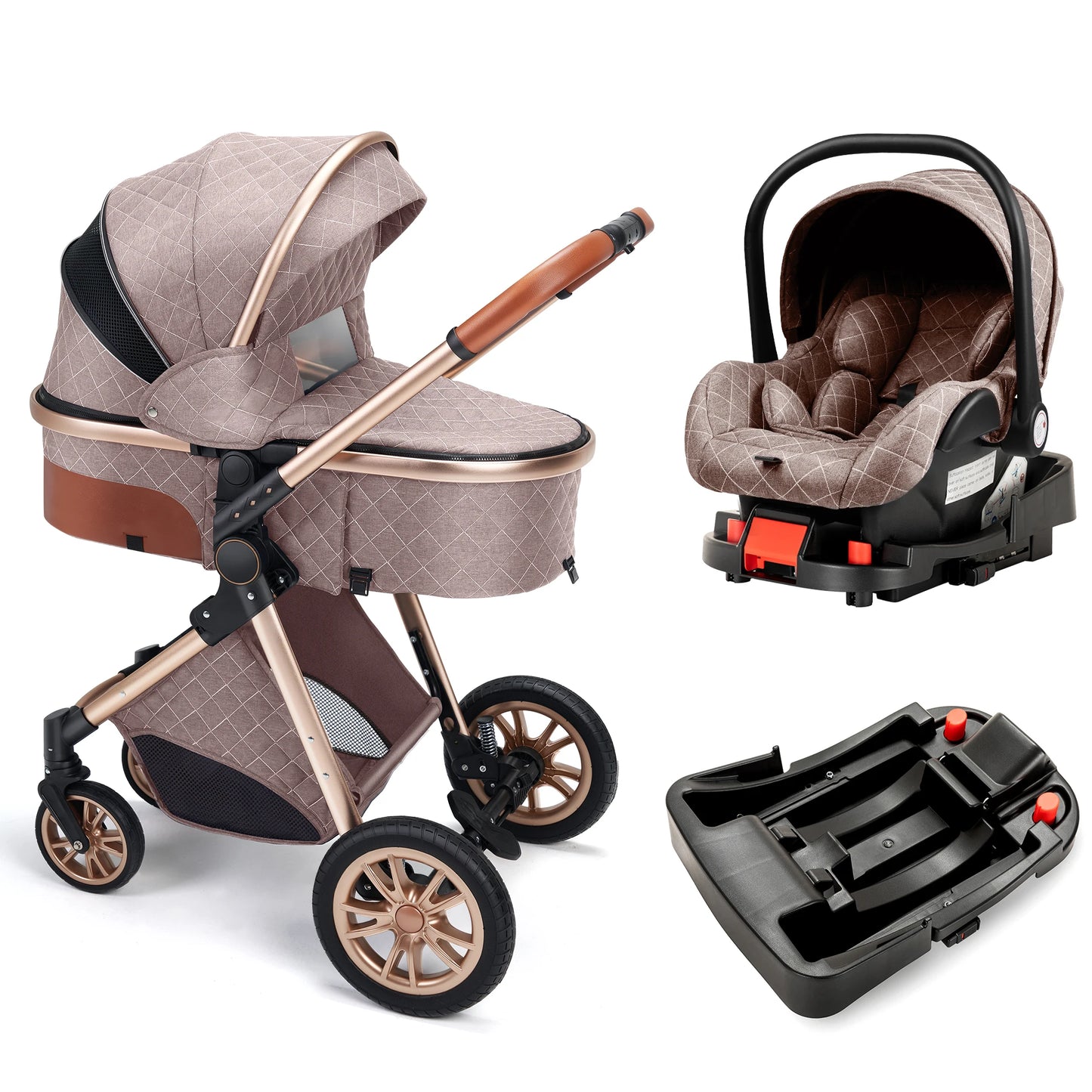 Luxury 3-in-1 High Landscape Baby Stroller Folding Pushchair with Reversible Seat Vista Pram for Comfortable Travel