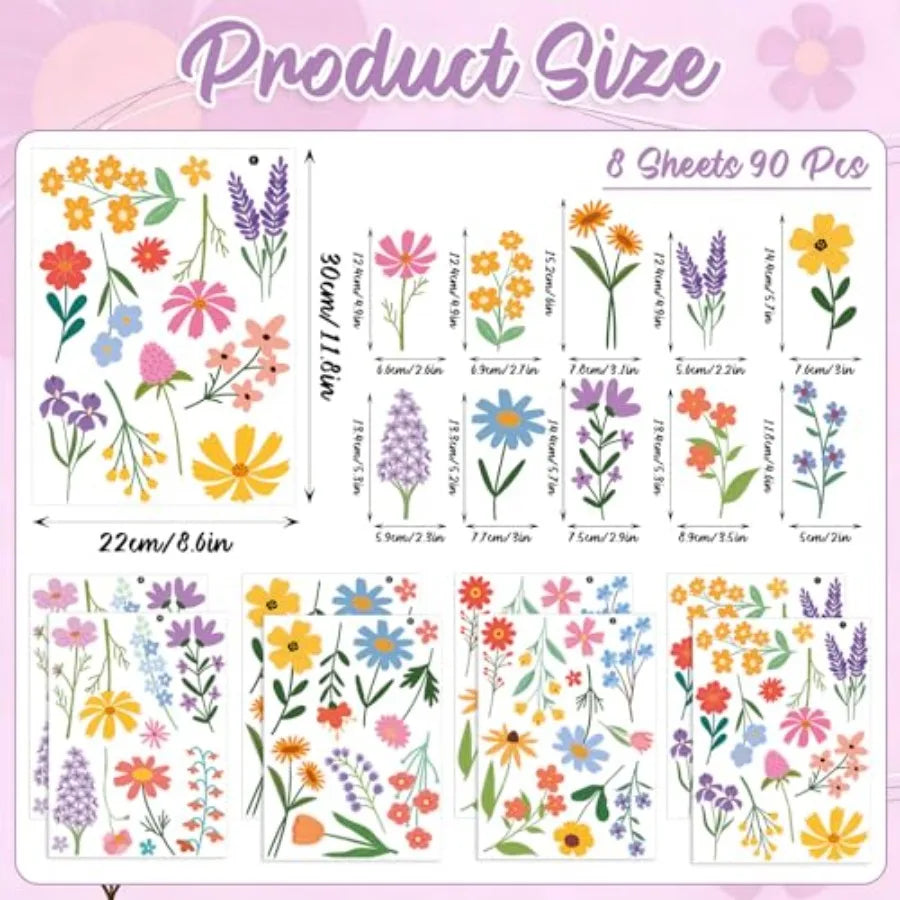 Spring Flower Wall Stickers 8 Sheets Wildflower Wall Decals Peel and Stick Floral Wall Decor for Girls Bedroom Nursery Spring