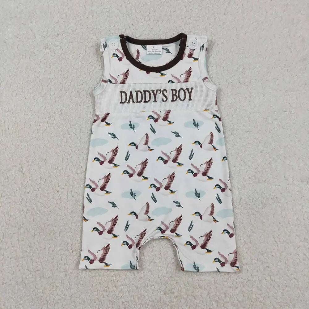 Smocked 'Daddy's Boy' Baby Sleeveless Ducks Hunting Short Romper