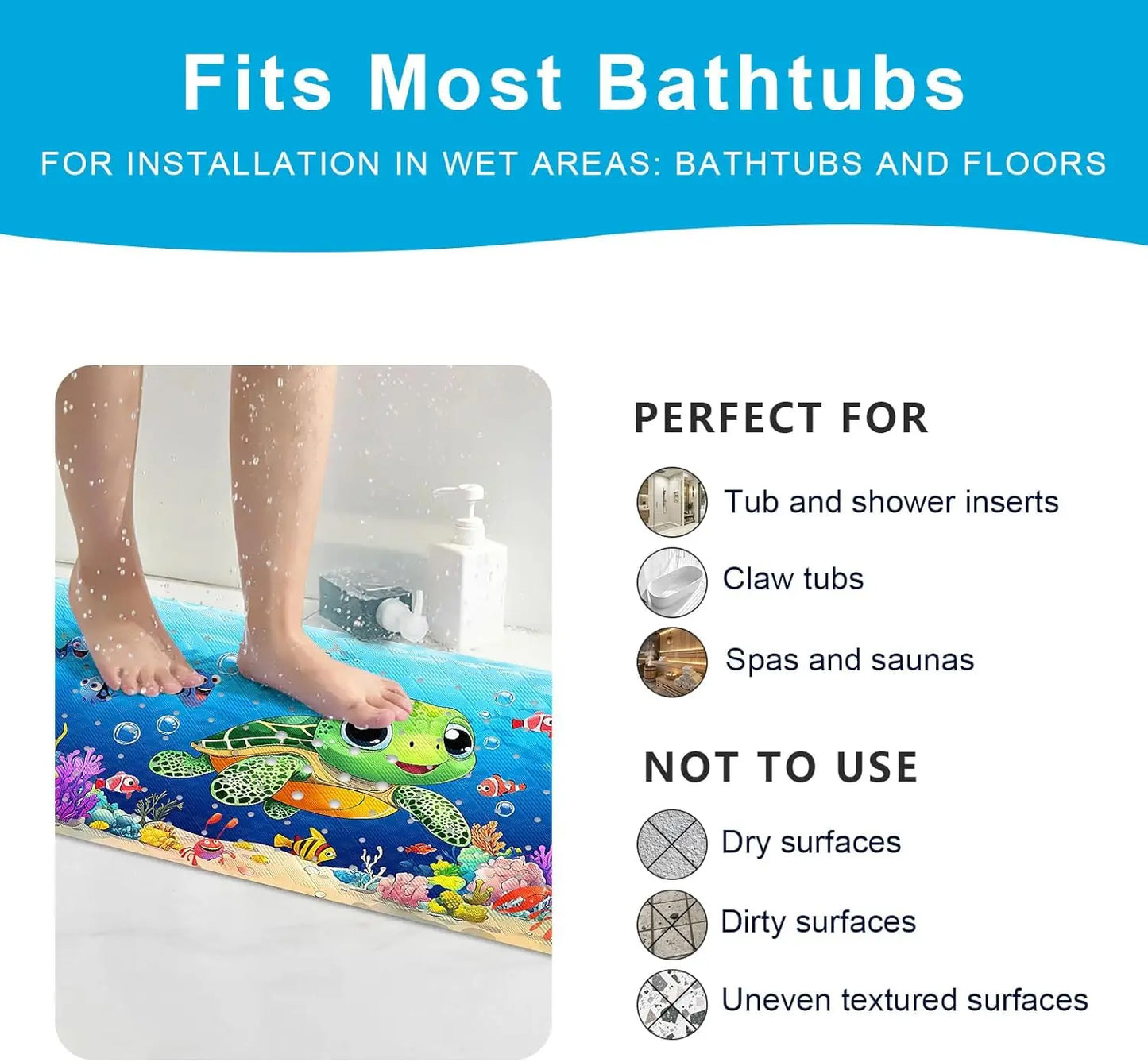 Non-Slip Cartoon Turtle Baby Bath Mat for Tub, 40x16 Inches with Suction Cups & Drain Holes, Easy Clean and Quick Dry
