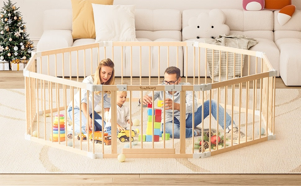 TouHeart Wooden Playpen for Baby & Toddlers, Foldable Large Baby Safe Play Fence