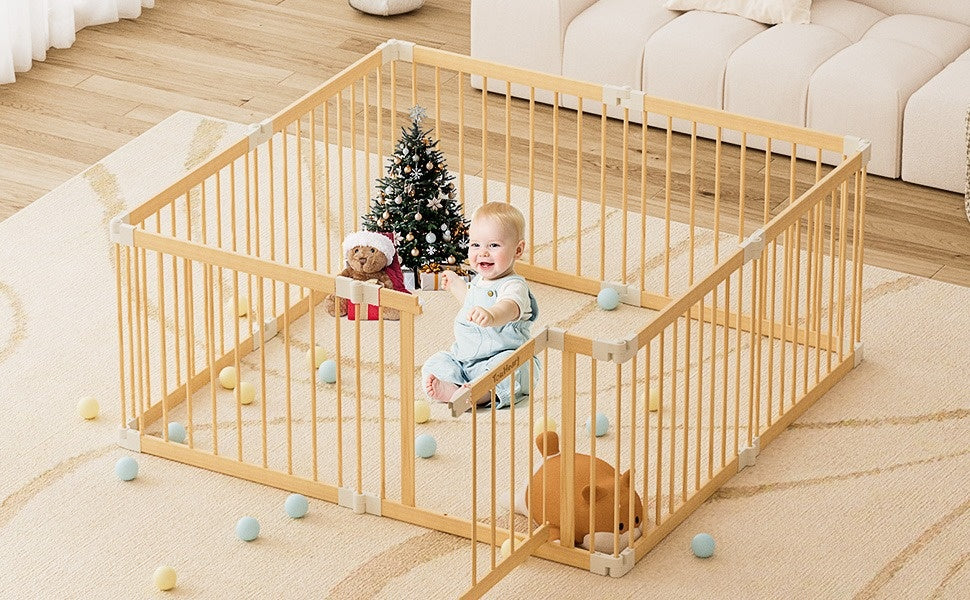 TouHeart Wooden Playpen for Baby & Toddlers, Foldable Large Baby Safe Play Fence