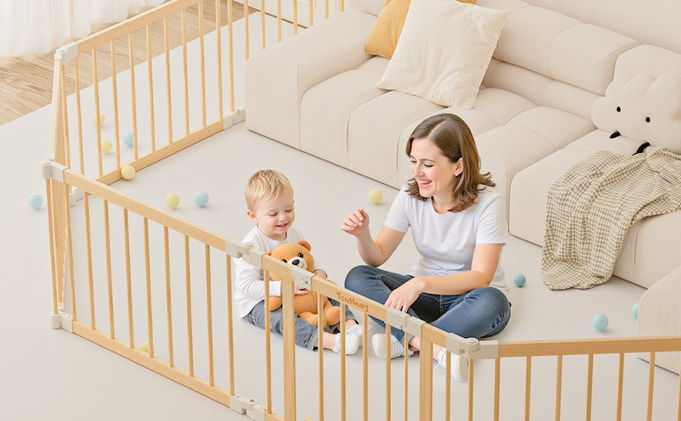 TouHeart Wooden Playpen for Baby & Toddlers, Foldable Large Baby Safe Play Fence