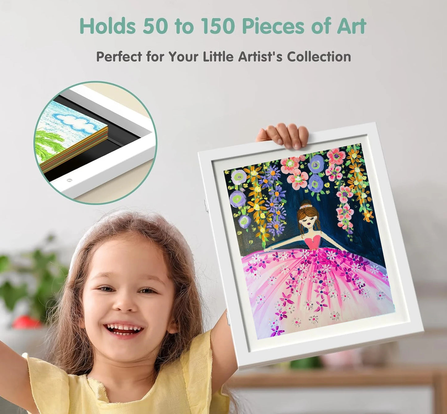 A4 Kids Artwork White Frame Wood Paint Frames Changeable With Acrylic Front Opening Holds 150 Pictures, Art Frames For Kids Art