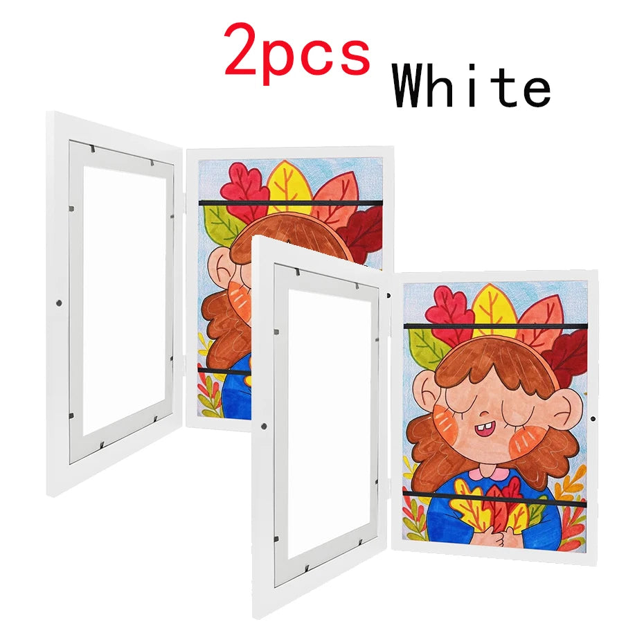 A4 Kids Artwork White Frame Wood Paint Frames Changeable With Acrylic Front Opening Holds 150 Pictures, Art Frames For Kids Art