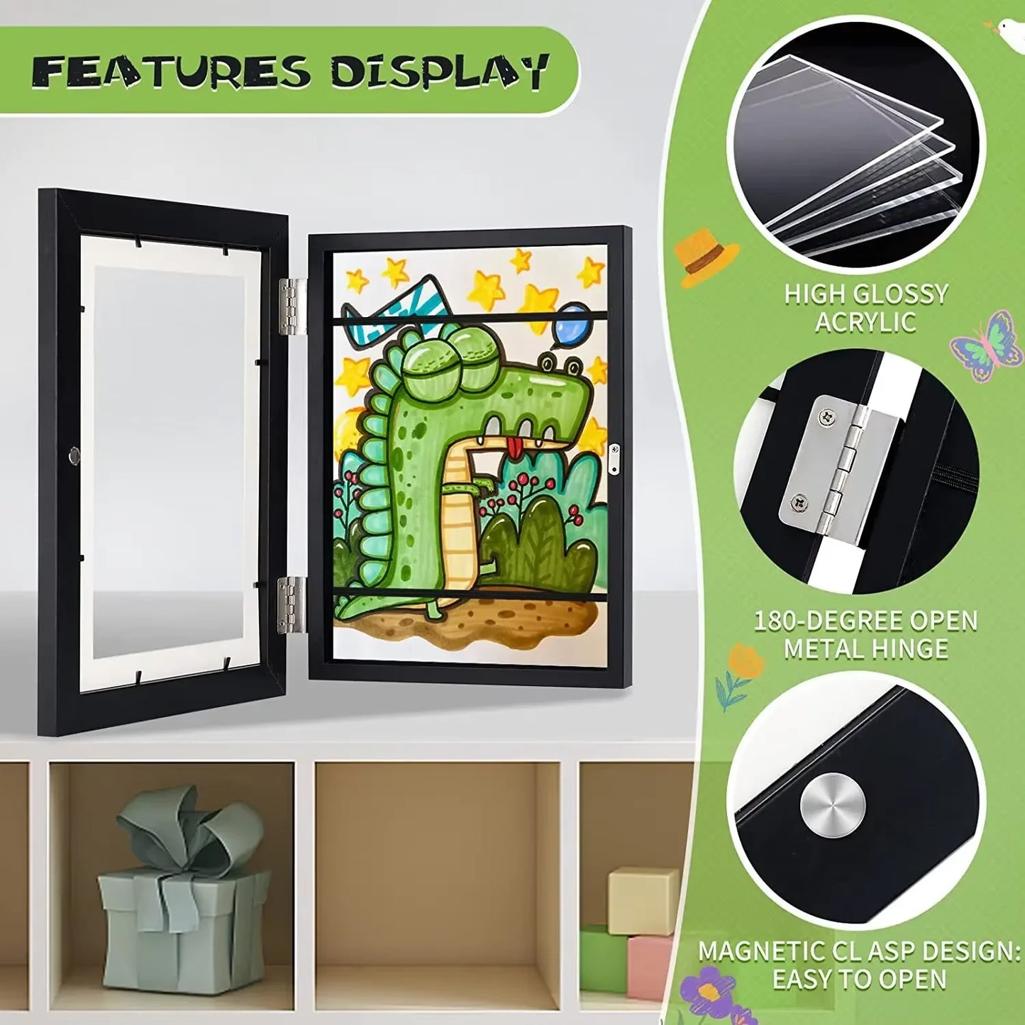 A4 Kids Artwork White Frame Wood Paint Frames Changeable With Acrylic Front Opening Holds 150 Pictures, Art Frames For Kids Art