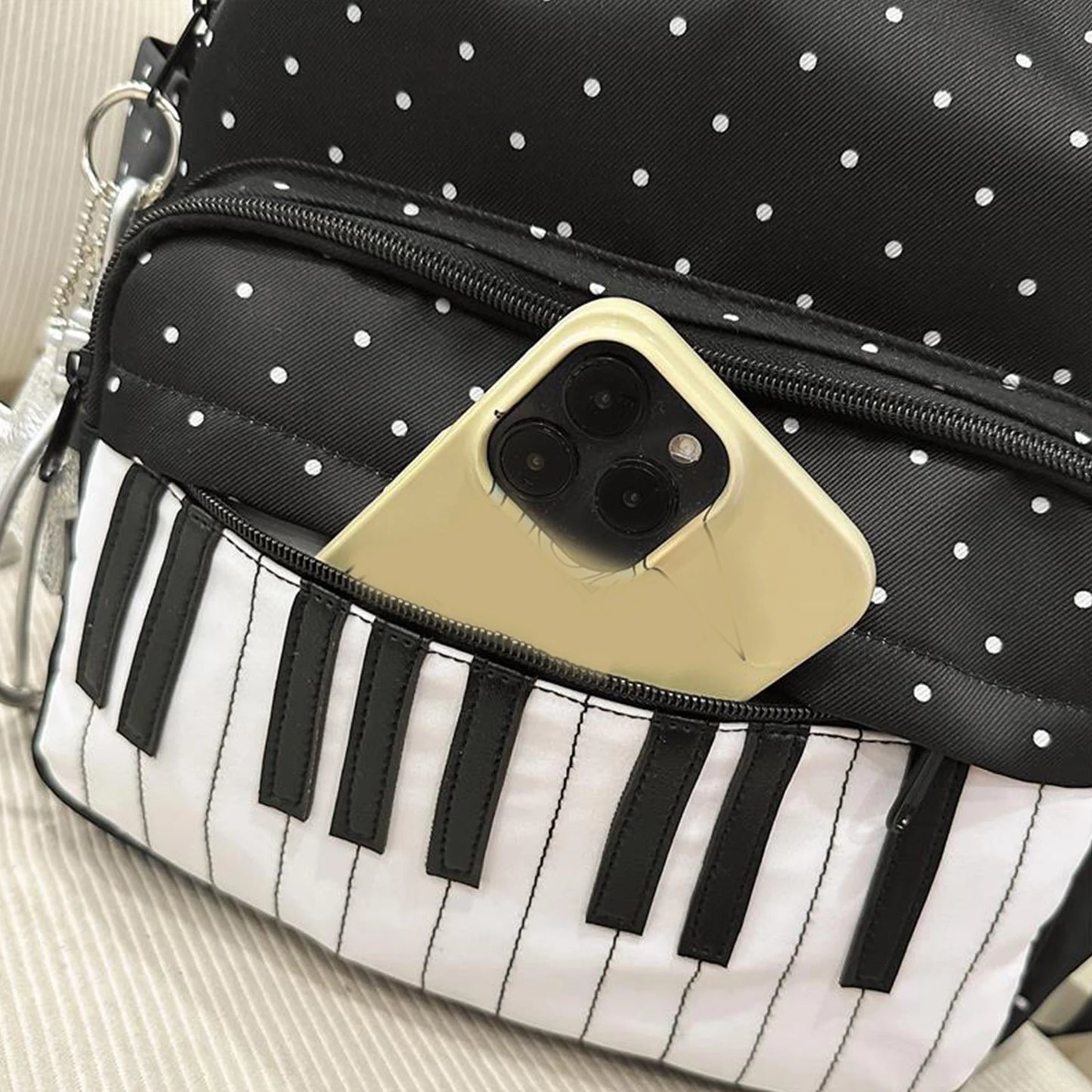 Nylon Polka Dot Piano Key Backpack 16.9 Inch with Pendant Travel Daypacks for Teen Girls Travel Shopping Daily Use