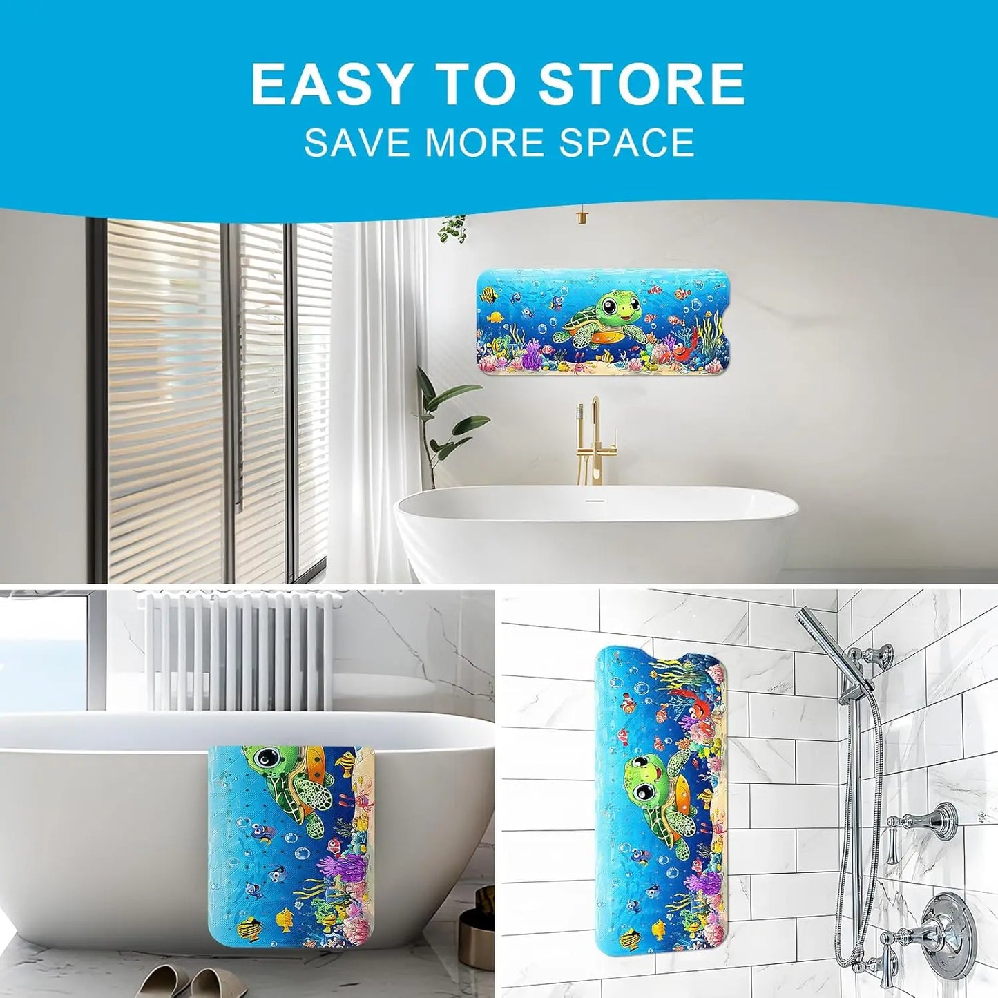 Non-Slip Cartoon Turtle Baby Bath Mat for Tub, 40x16 Inches with Suction Cups & Drain Holes, Easy Clean and Quick Dry