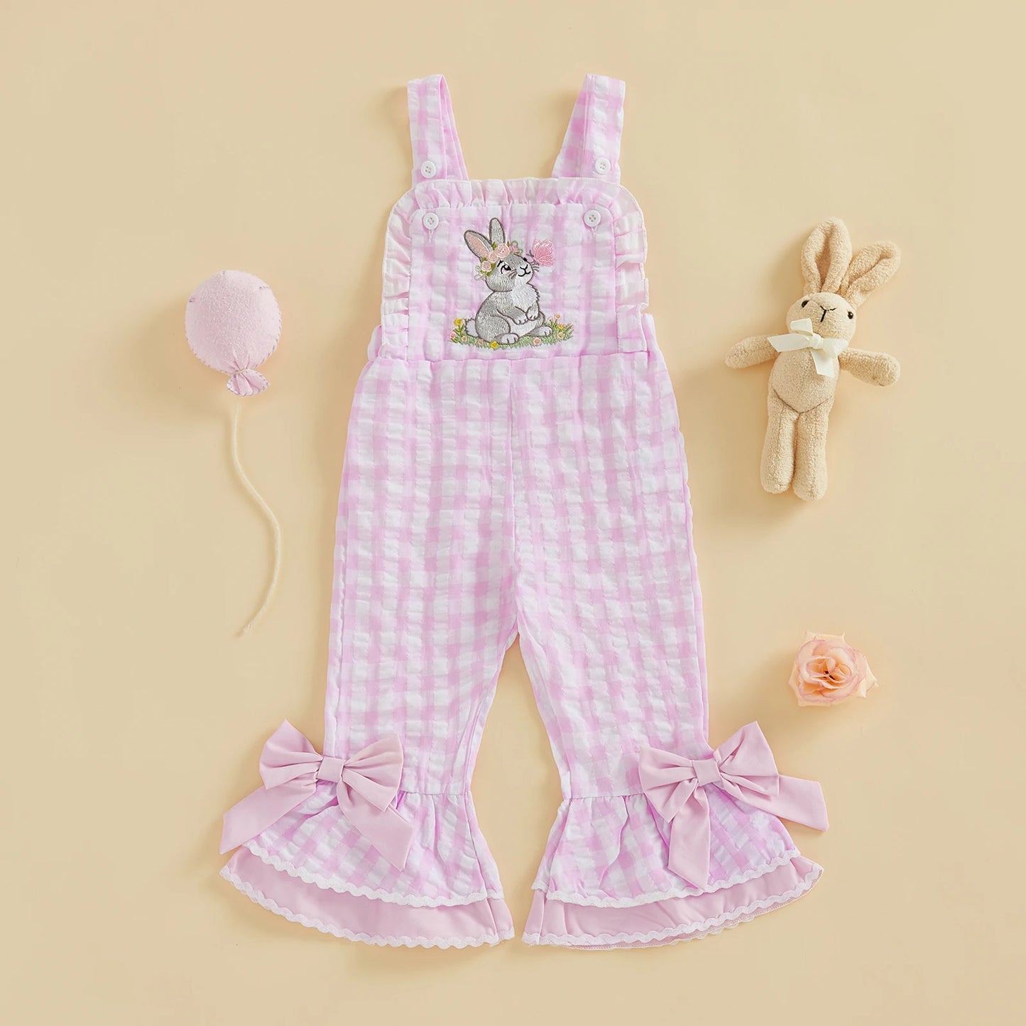 Toddler Girls Romper Jumpsuit Sleeveless Plaid Rabbit Embroidery Bell Bottom Overalls Kids Easter Clothes