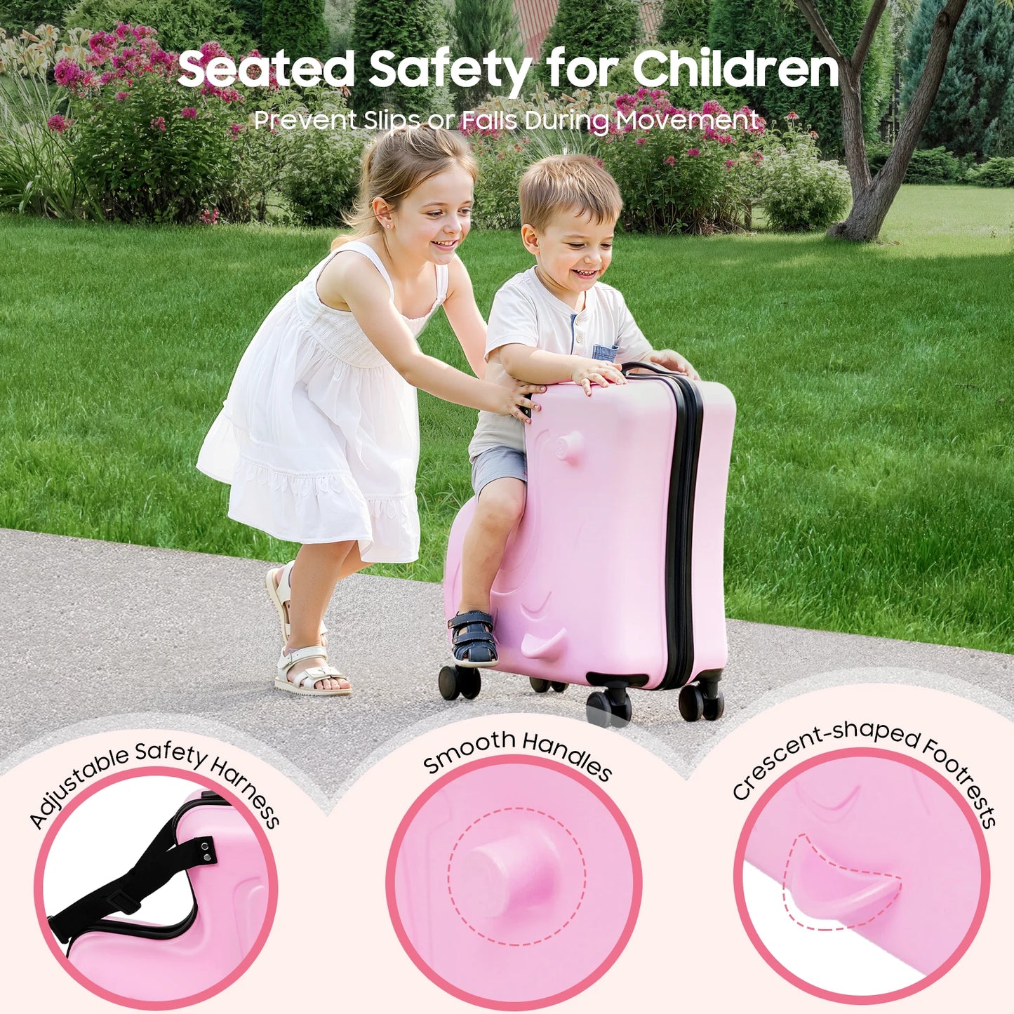 20" Kids Ride-On Suitcase Portable Kids Trolley Suitcase, Children's Trolley Case w/ Seat Pink Travel Luggage w/ 4 Wheels Lock