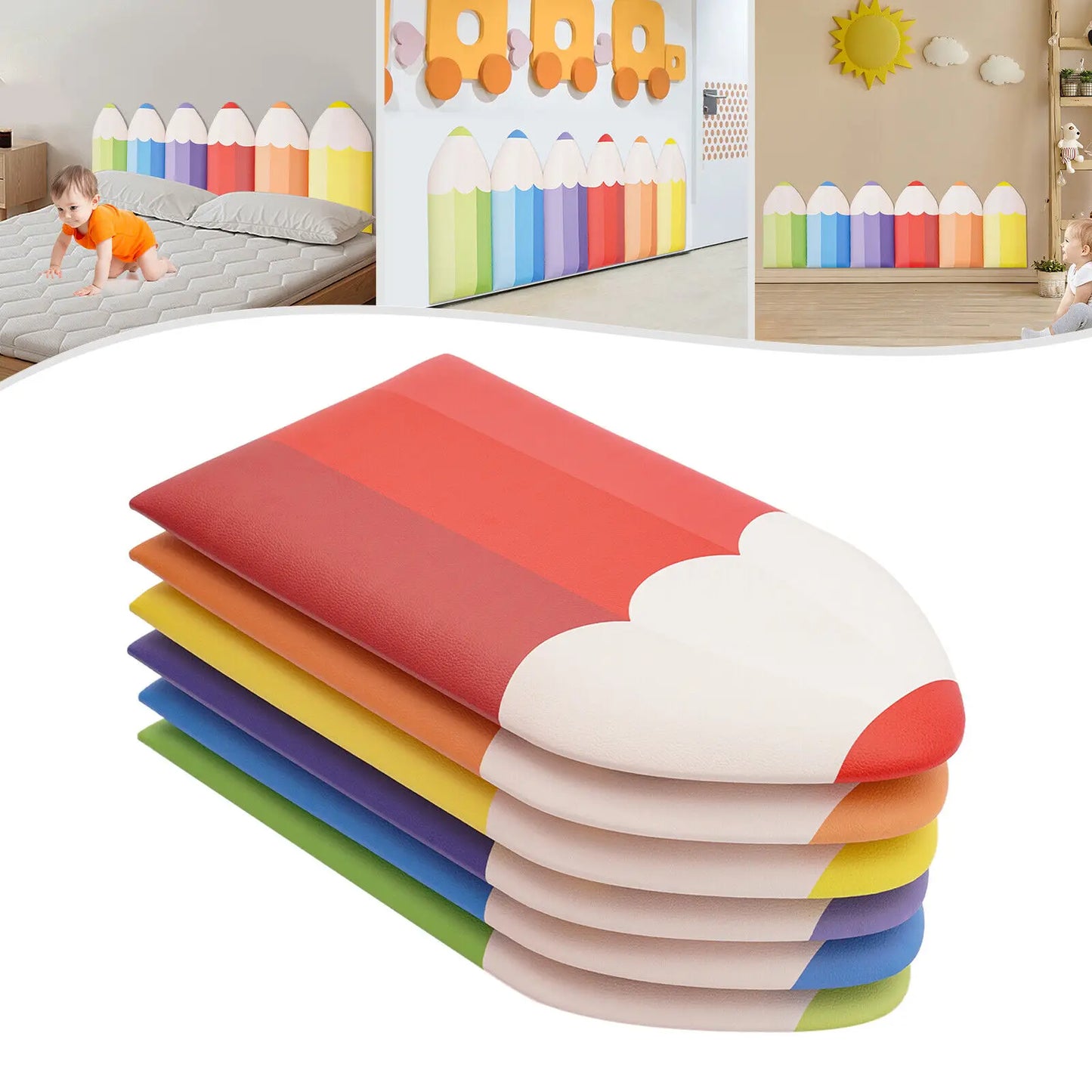 6Pcs 3D Pencil Wall Padding for Kids Room Nursery Soft PU Leather Anti Collision Sticker Self Adhesive Mat