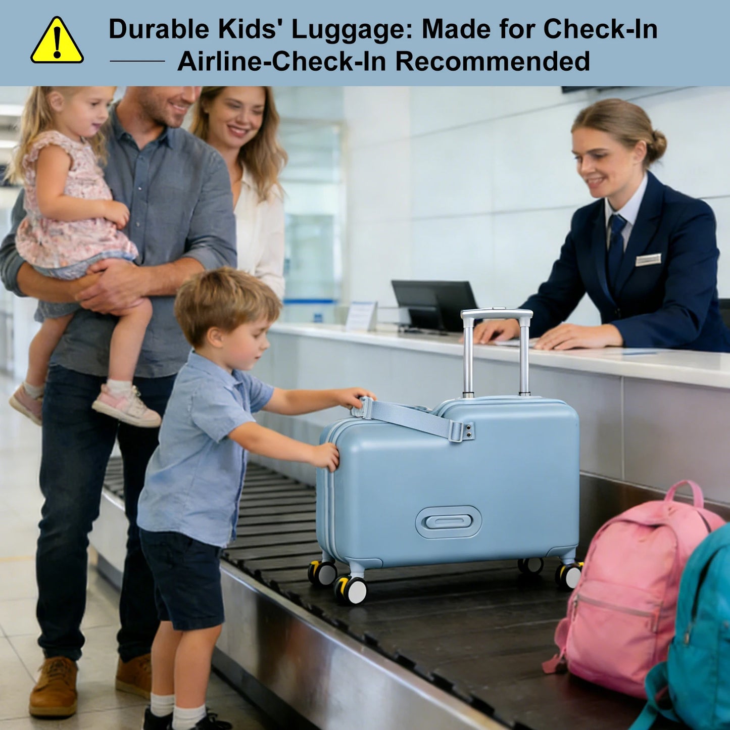 Kids Ride-On Suitcase Children's Travel Suitcase 20 Inch Travel Carrier Cabin Case with Foot Pedal, Wheels, Safe Harness Stroller