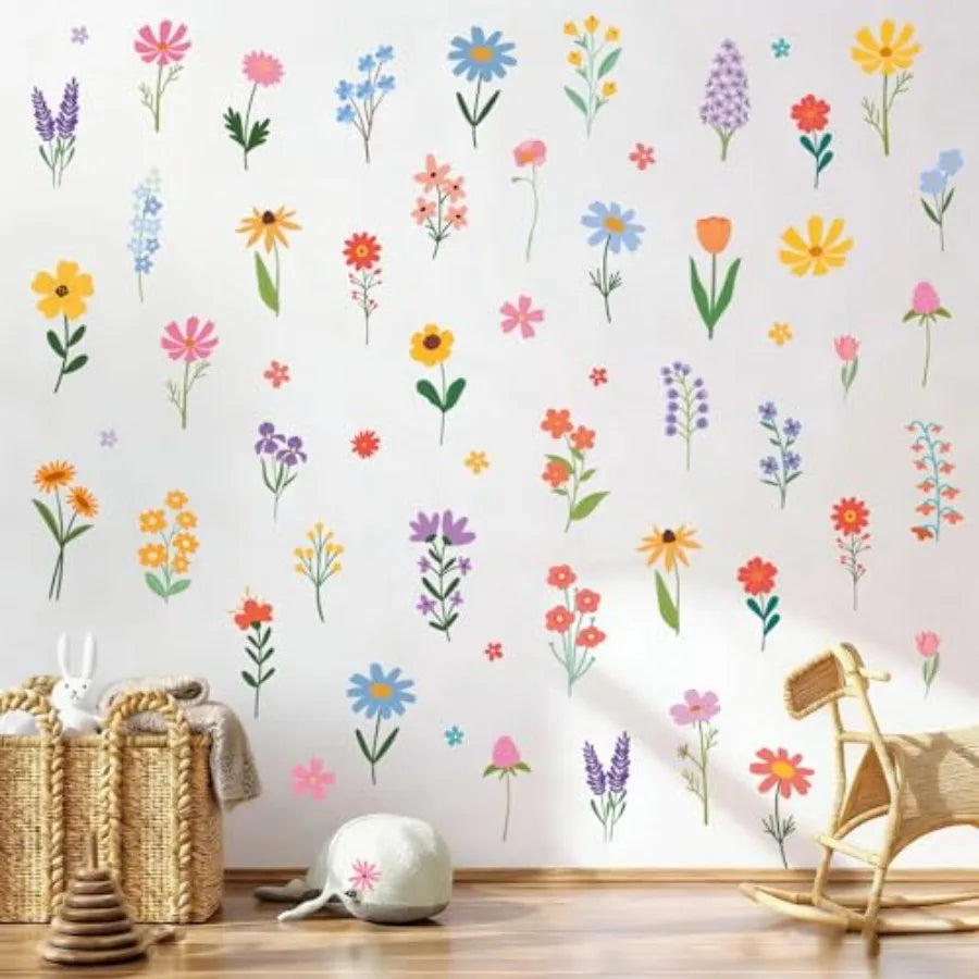 Spring Flower Wall Stickers 8 Sheets Wildflower Wall Decals Peel and Stick Floral Wall Decor for Girls Bedroom Nursery Spring