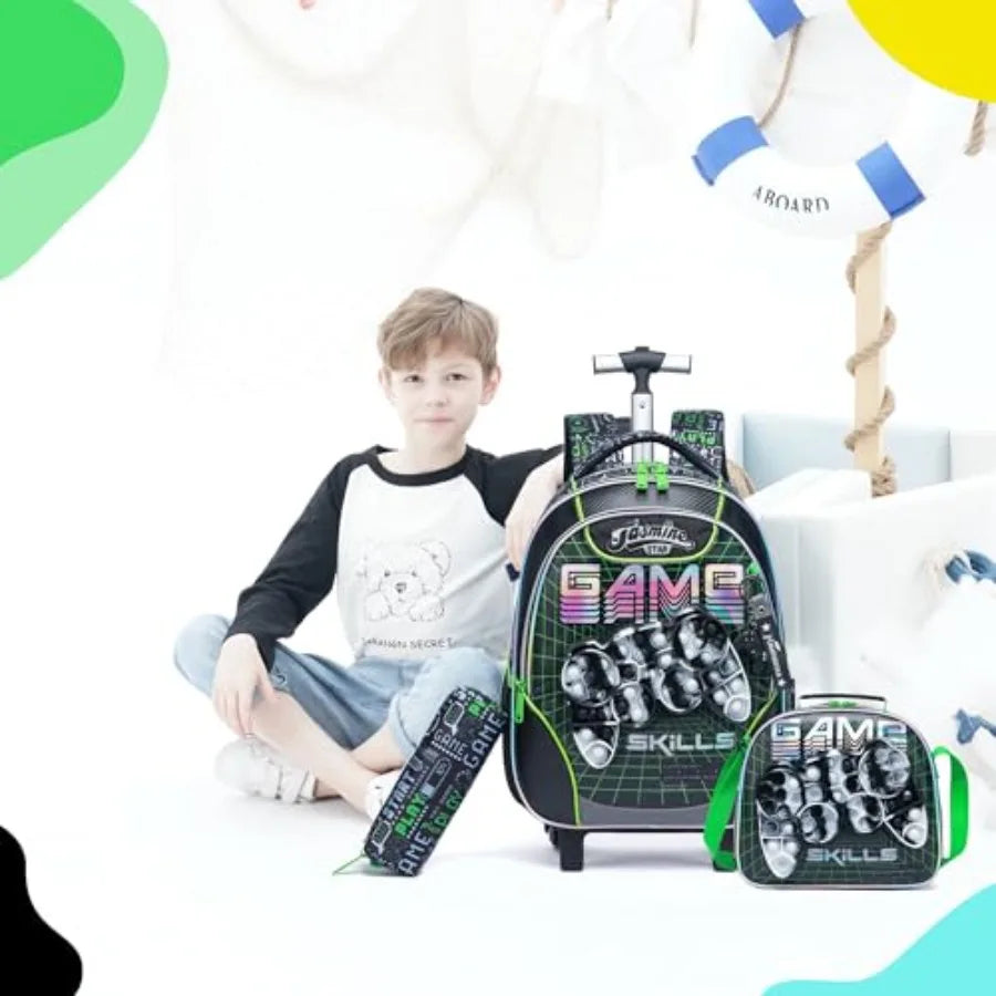 Rolling Backpack with Wheels for Boys Rolling Backpacks with Lunch Box for Elementary School Students 3 in 1 Travel Luggage