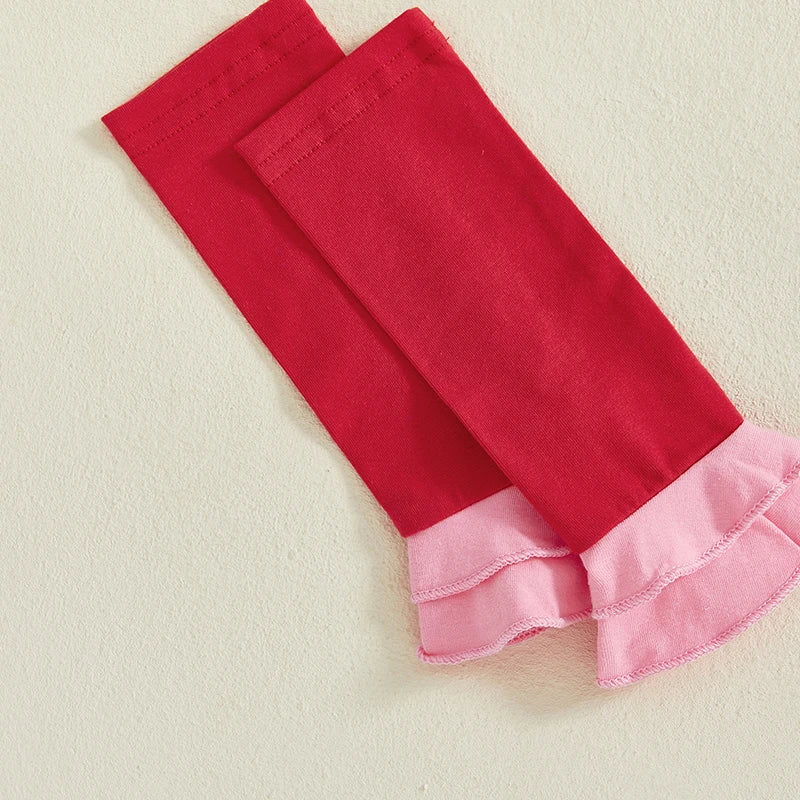 Baby Girl 1st Valentine Outfit Letter Print Long Sleeve Romper with Heart Print Skirt Pants and Bow Tie Headband Socks Set