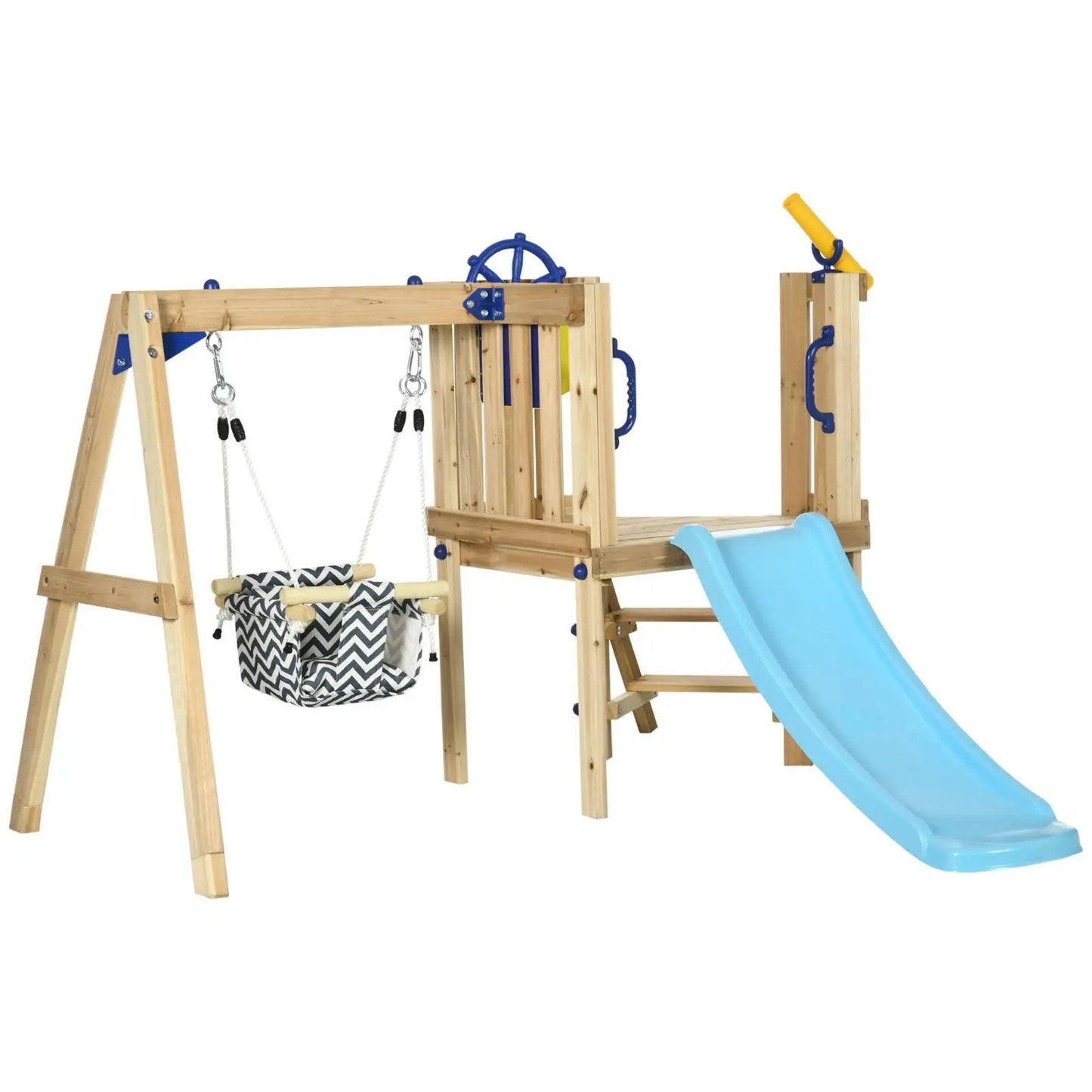 Backyard Wooden Swing and Slide Set with Baby Swing Toddler Slide and Telescope for Kids Playground Fun