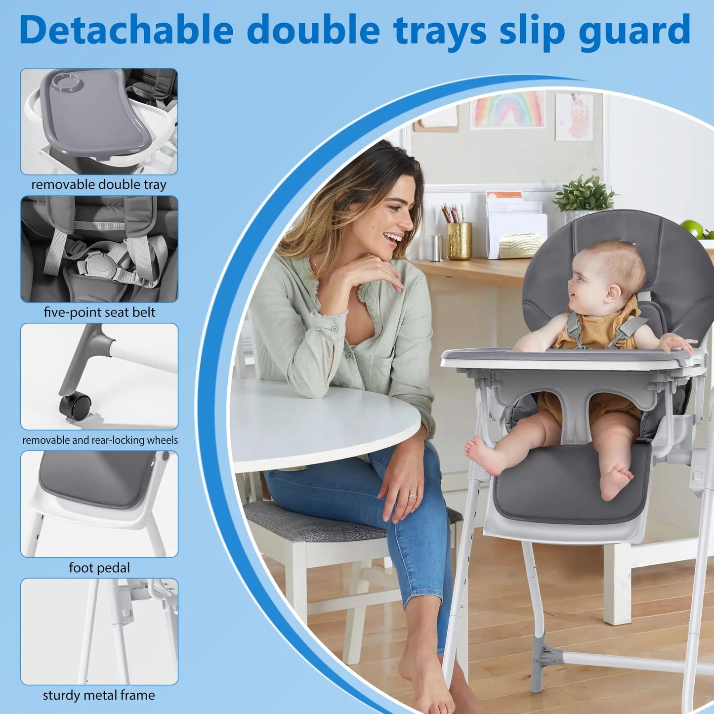 Sejoy Adjustable Baby High Chair with 5-Point Harness 3-Position Tray & Wheels CE/CPC Certified Children's Dining Chair