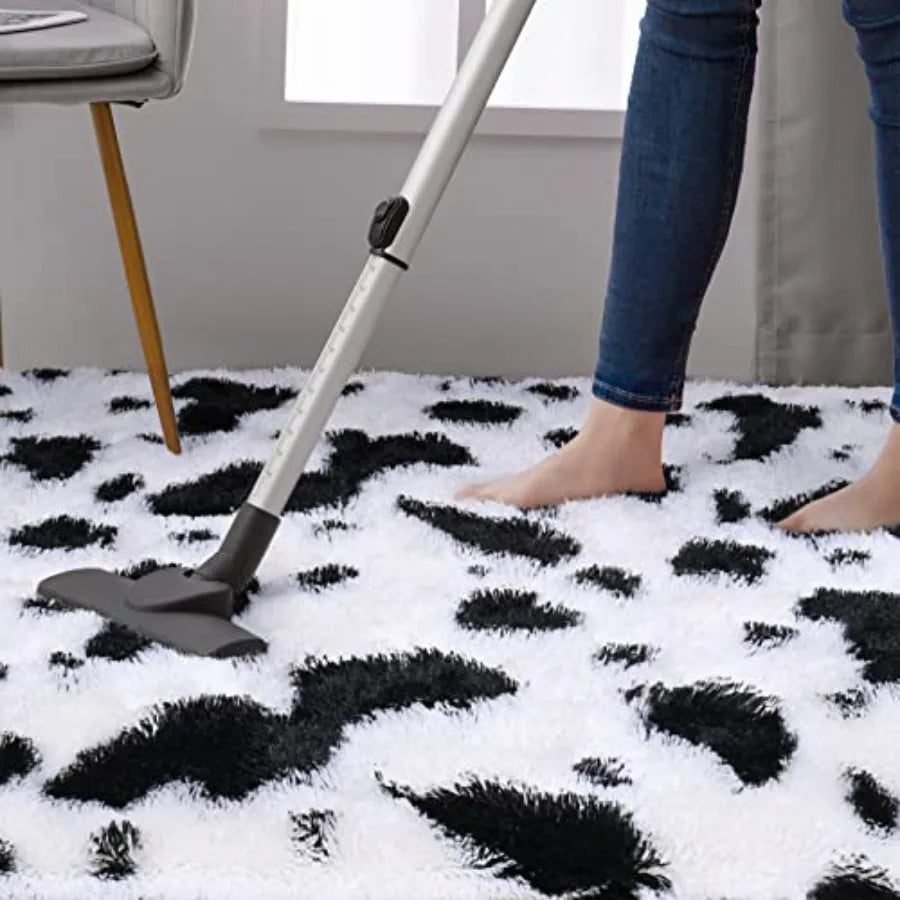 Fluffy Black White Rugs 6x9 Large Soft Plush Shaggy Cow Hide Girls Boys Rug Non-Slip and Machine Washable