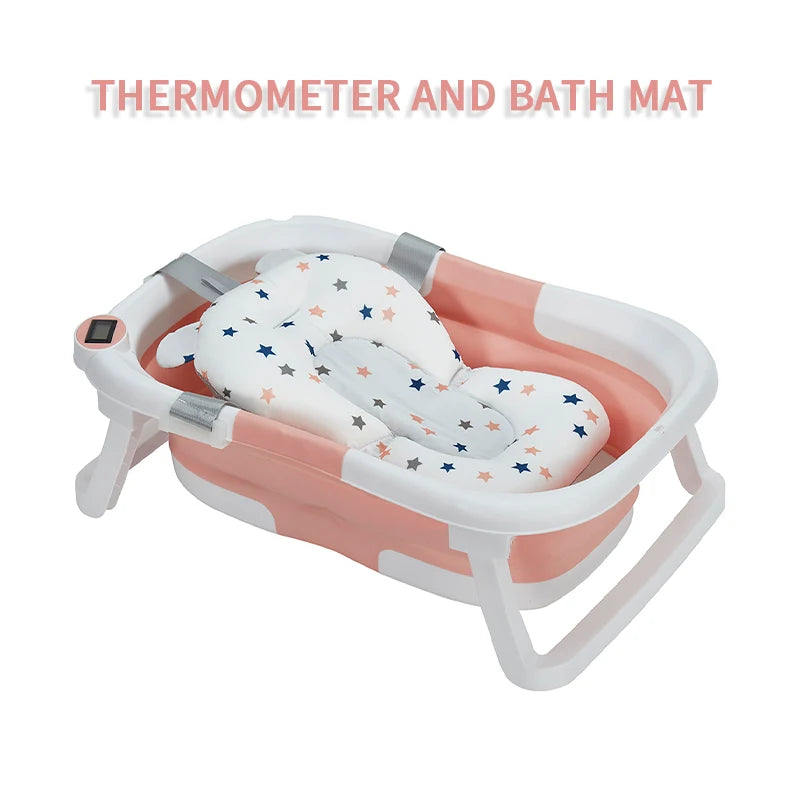 Foldable Baby Bathtub, Baby Bathtub With Soft Cushion And Thermometer, Portable Travel Baby Bathtub