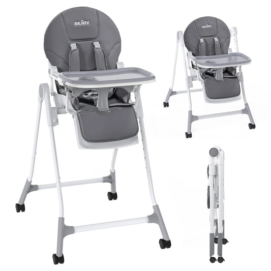 Sejoy Adjustable Baby High Chair with 5-Point Harness 3-Position Tray & Wheels CE/CPC Certified Children's Dining Chair