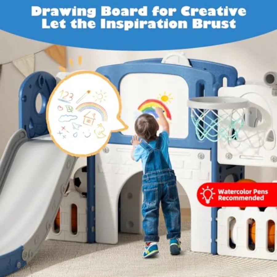 9 in 1 Toddler Slide Outdoor Playset Playground Baby Indoor Slides for Toddlers 1-3 with Climber Basketball Hoop Drawing Board