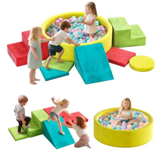 Soft Foam Climbing Blocks Set with Ball Pit for Indoor Play Modular Toddler Climber in Pastel Colors Safe Crawling Sliding Play
