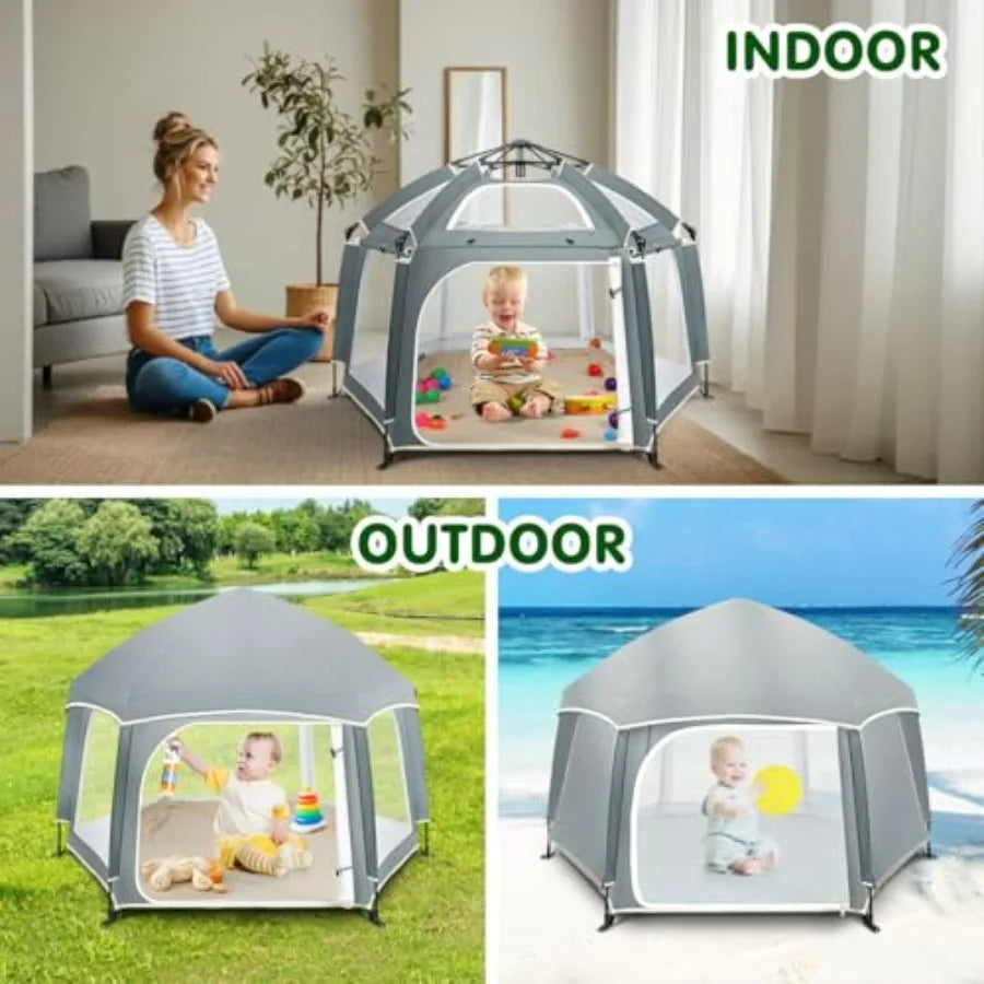Light Gray Pop Up Playpen for Baby 150100 cm LH with Removable Sun-Shades 2 Side UV Covers Lightwght Outdoor Baby Playpen