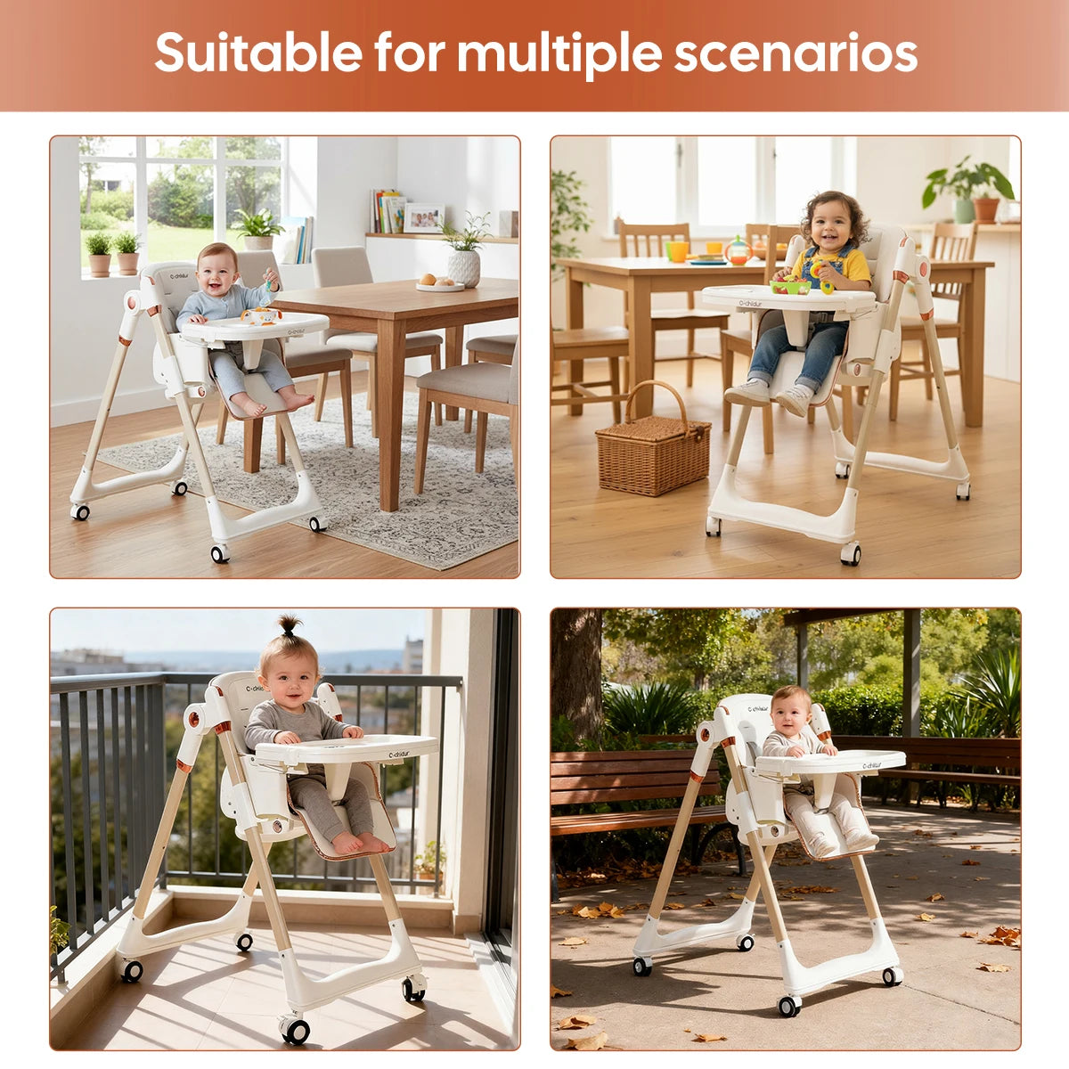 Baby High Chair, 3-in-1 Foldable Booster Seat with Adjustable Height, Recliner, 5-Point Safety Harness, Removable Tray, Lockable