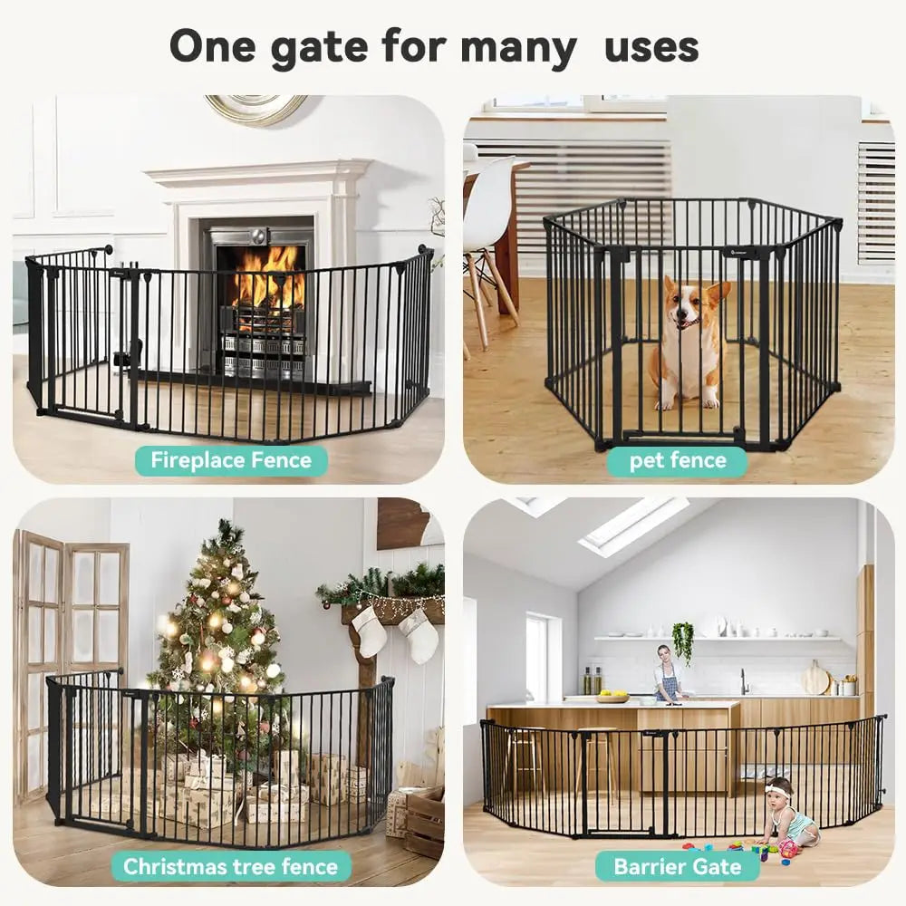 150" Wide Auto-Close Baby and Pet Gate with Door, 6 Panels for Indoor/Outdoor Safety, Black