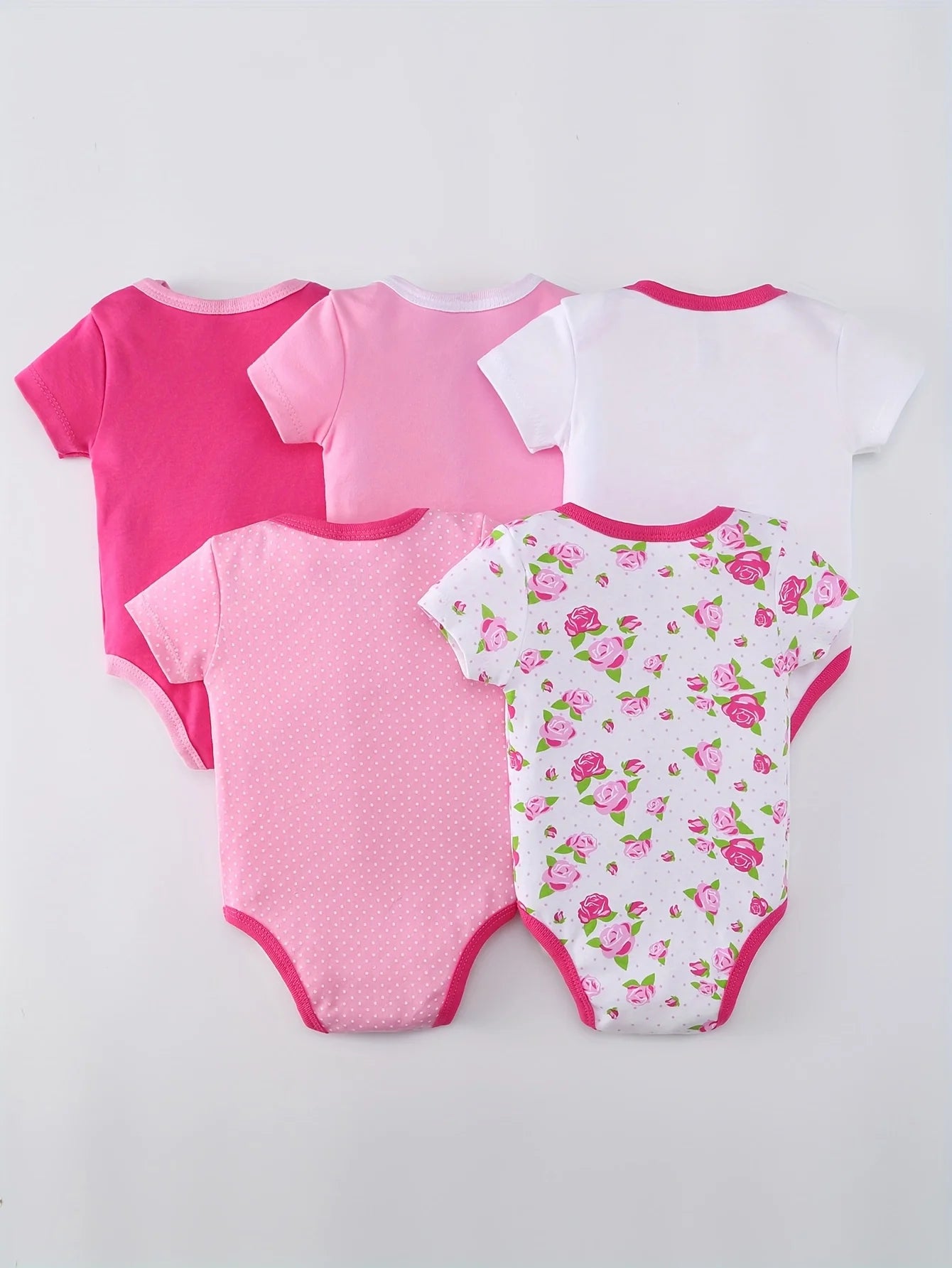 5pcs Baby Girls Short Sleeve Triangle Bodysuits, Cotton Breathable Floral & Heart Print Outfits, Essential Wear for Newborns, Hospital & Outdoor Use, Crew Neck, Perfect for Outdoor