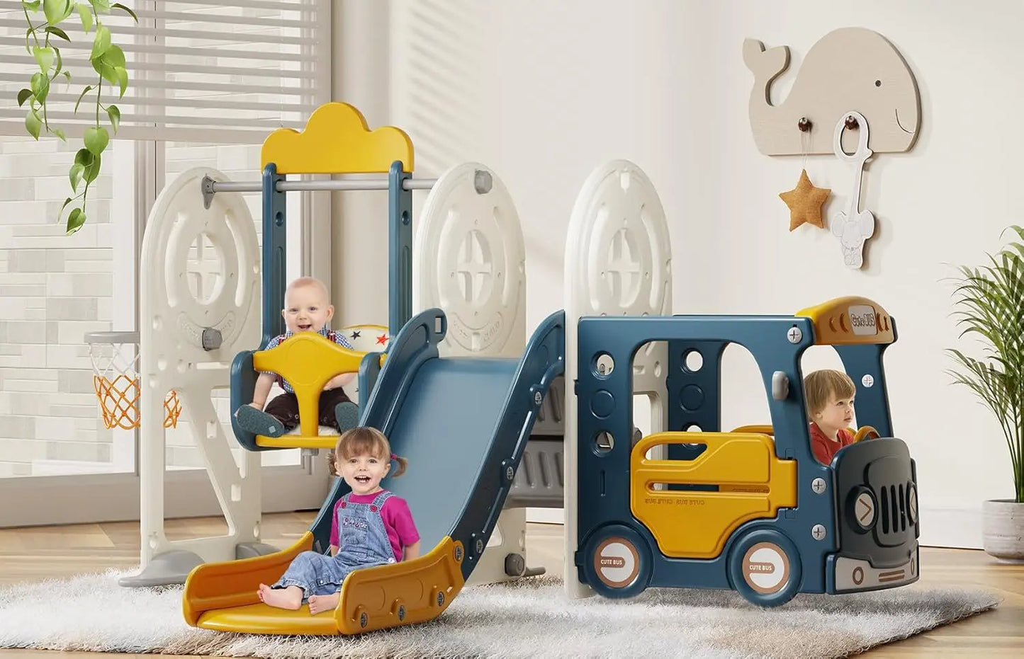 4 in 1 Toddler Slide, Bus Themed Baby Slide for Toddlers Age 1-3, with Basketball Hoop, Indoor Outdoor Playset Playground