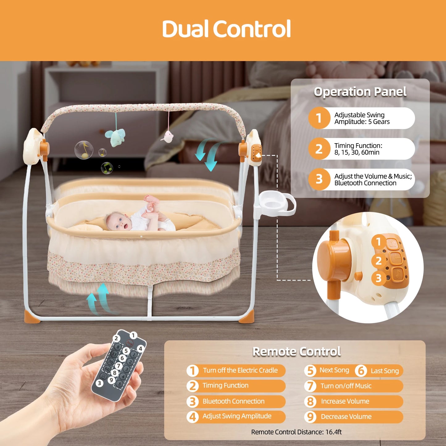 Electric Baby Cradle 25kg Load-Bearing Dual Control Baby Swing Foldable Infant Sleep Cradle with Music Bluetooth for 0-18 Months