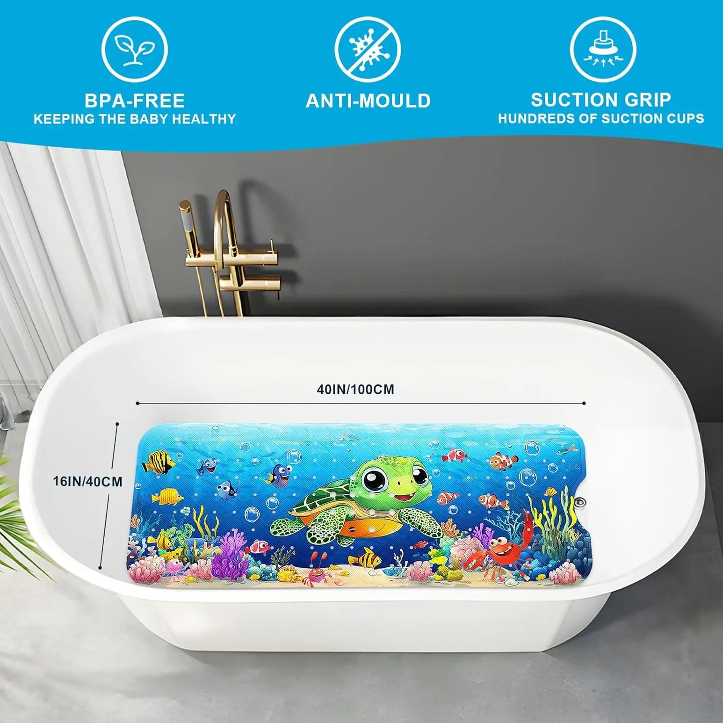 Non-Slip Cartoon Turtle Baby Bath Mat for Tub, 40x16 Inches with Suction Cups & Drain Holes, Easy Clean and Quick Dry