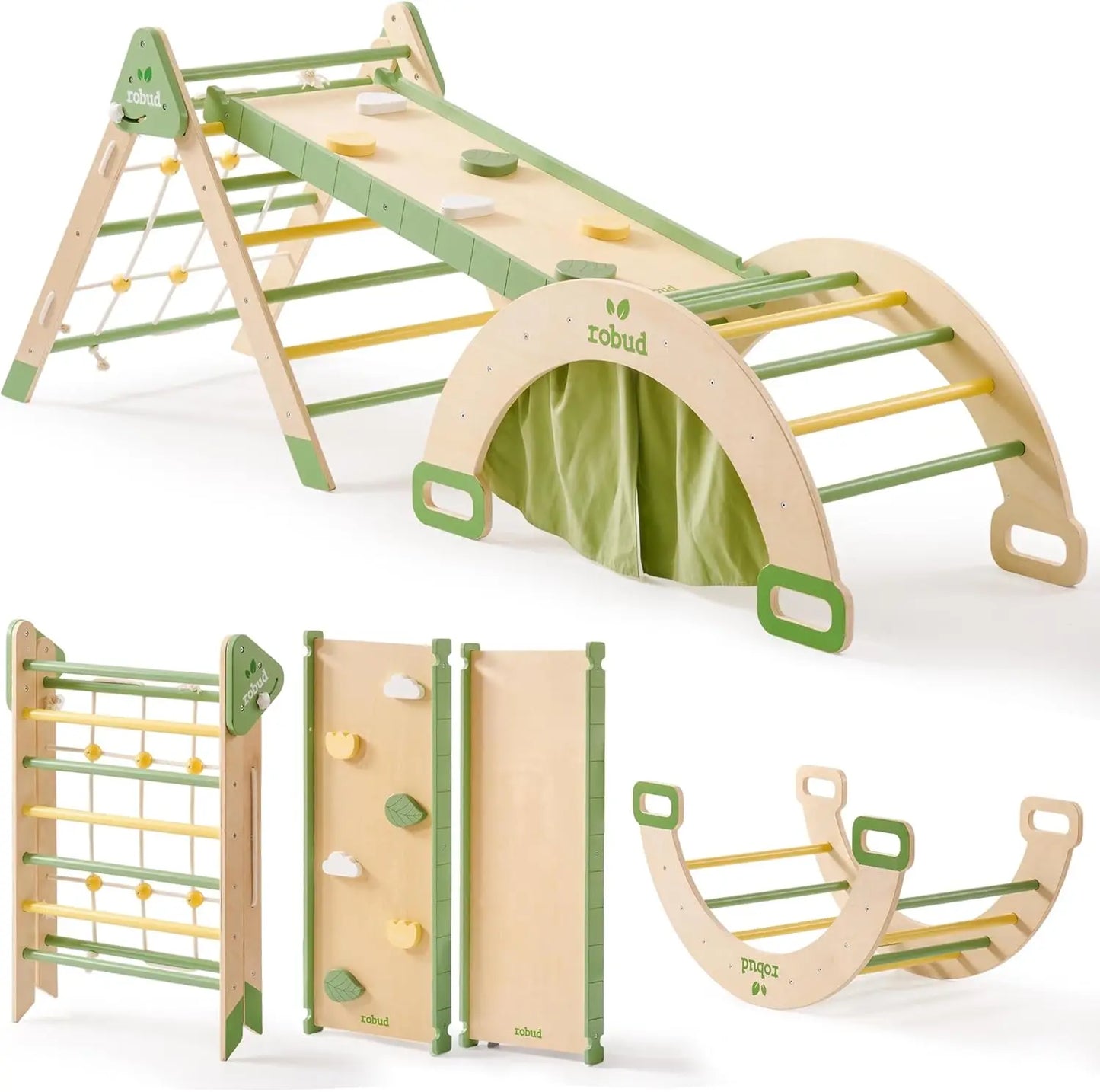 Robotime Robud 7 in 1 Triangle Set Foldable Wooden Climbing Toy Montessori Foldable Climbing Set with Rope Net