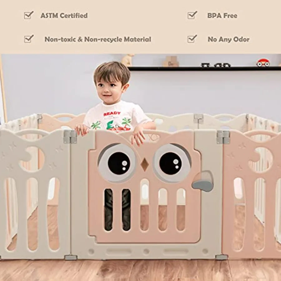 Baby Play Yard 14 Panel Owl Style Infant Playpen Activity Center for Toddlers Anti-Slip Base Lockable Door Indoor Portable Safe