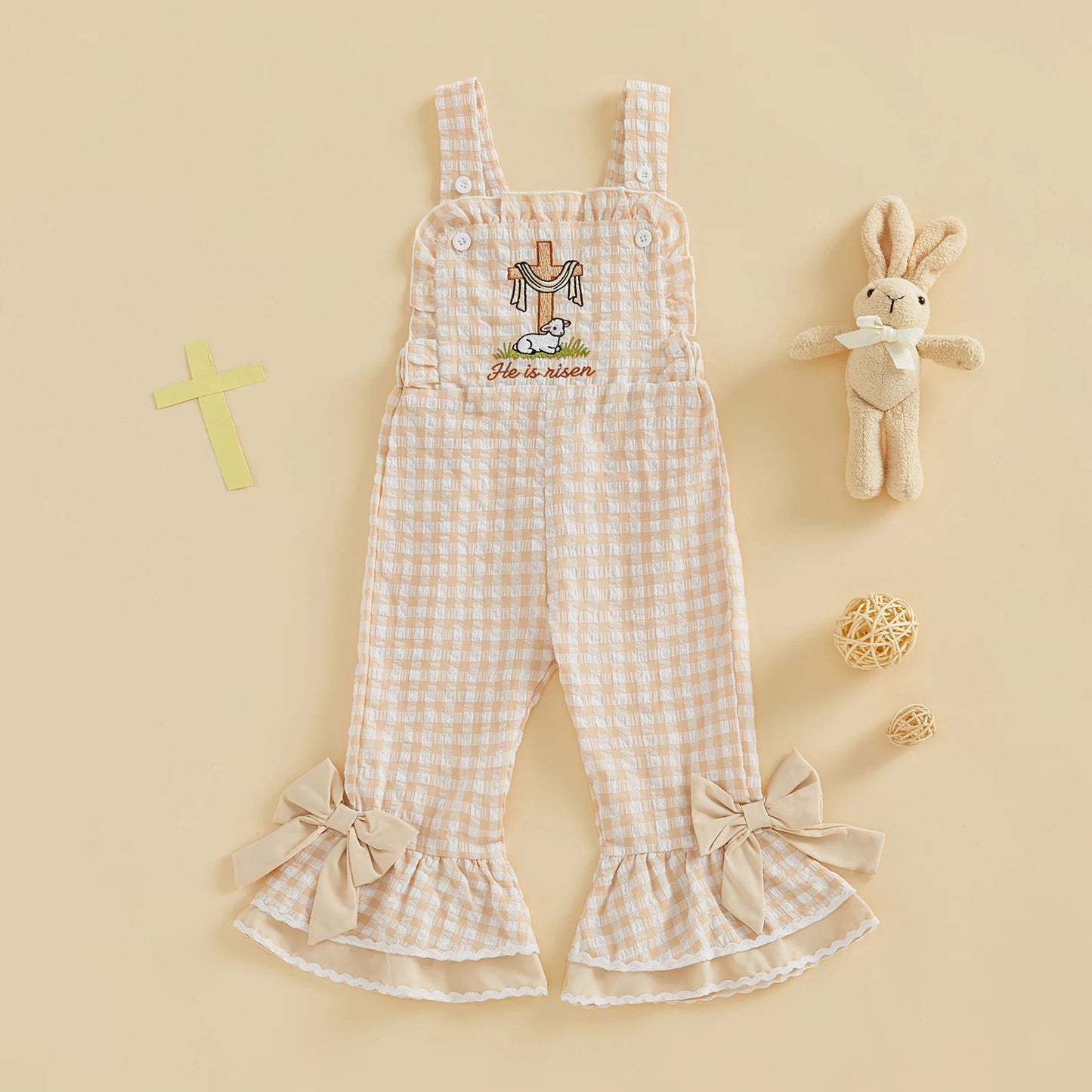 Toddler Girls Romper Jumpsuit Sleeveless Plaid Rabbit Embroidery Bell Bottom Overalls Kids Easter Clothes