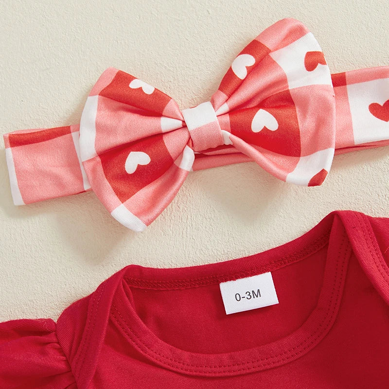Baby Girl 1st Valentine Outfit Letter Print Long Sleeve Romper with Heart Print Skirt Pants and Bow Tie Headband Socks Set